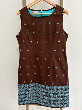 Lilypod Brown Shift Dress Turquoise Embroidery Women’s Size 8 NWT Modern Chic